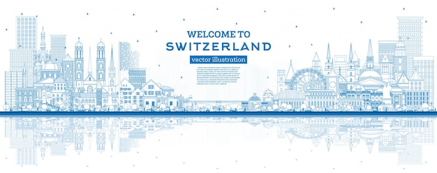 Vector welkom bij zwitserland outline city skyline met blauwe gebouwen zwitserland cityscape met oriëntatiepunten bern basel lugano zürich genève