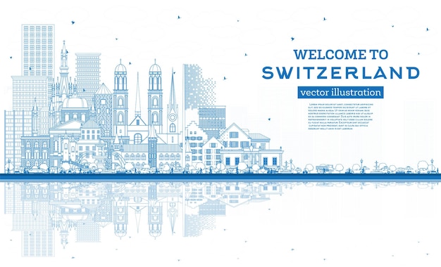 Welkom bij Zwitserland Outline City Skyline met blauwe gebouwen Zwitserland Cityscape met oriëntatiepunten Bern Basel Lugano Zürich Genève