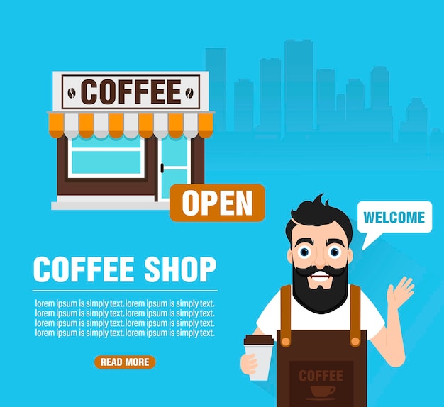 Vector welkom coffeeshop coffeeshop ontwerpconcept platte banner