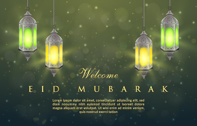 Welkom eid mubarak-banner met prachtig islamitisch ornament en abstract gradiënt groen en geel achtergrondontwerp