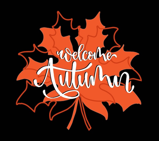 Welkom herfst met esdoornblad Hand getrokken belettering achtergrond Inkt illustratie