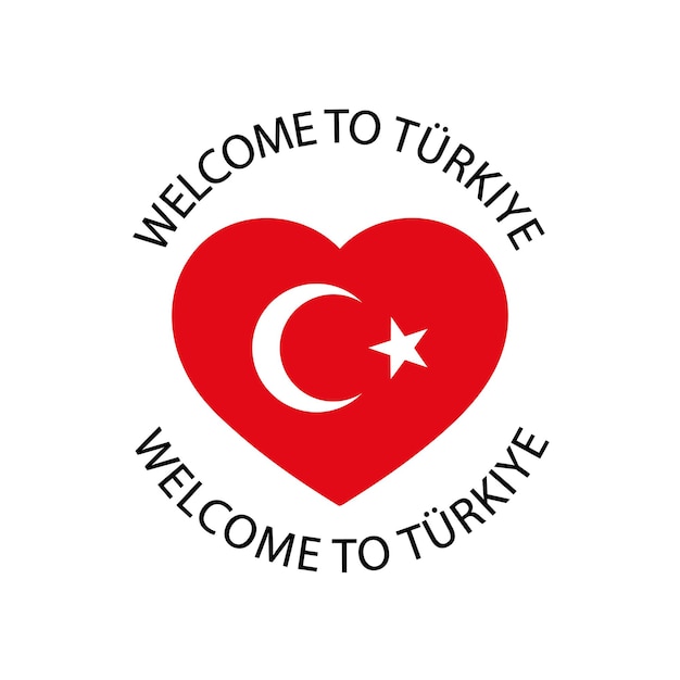 Welkom in het hart van Turkiye. Rond label met Turkse vlag. Product van Turkije