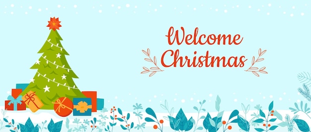 Welkom Kerst banner boom en cadeau Nieuwjaar vakantie briefkaart winter groet sjabloonontwerp