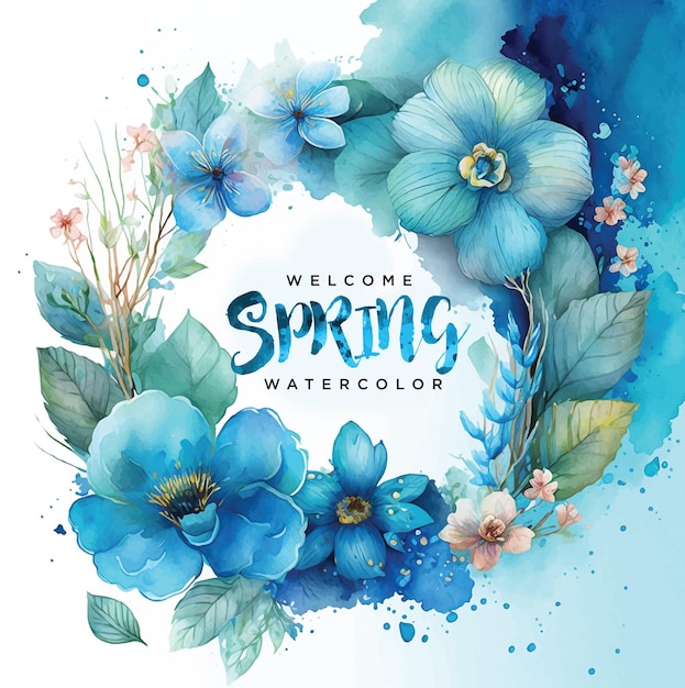 Welkom lente blauwe bloemen aquarel verf