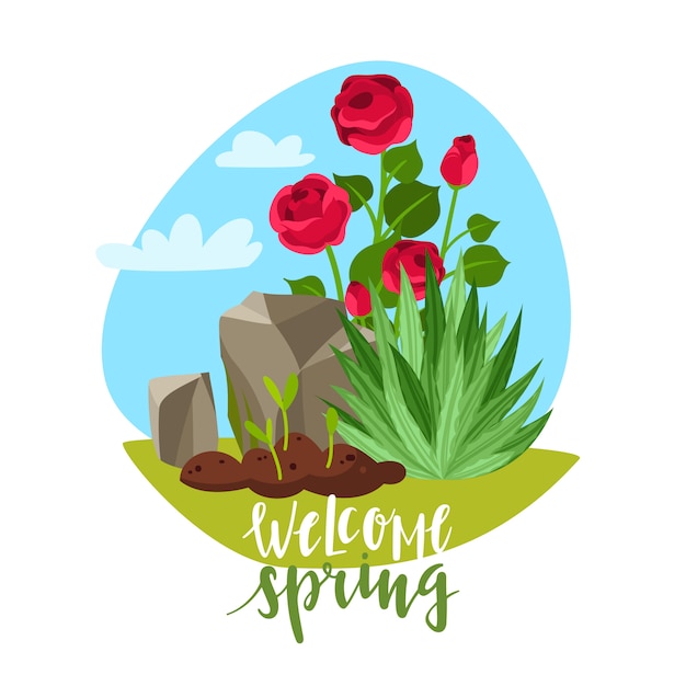 Welkom lentetuin planten belettering illustratie