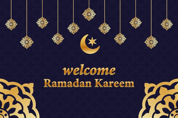 Welkom Ramadan kareem islamitische achtergrond met lantaarn halve maan sterren en mandala patroon gouden kleur islamitische groeten Ramadan Mubarak islamitisch feest decor Heilige Maand viering banner