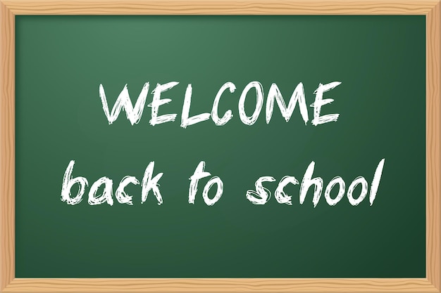 Welkom terug op school bericht op schoolbord groen schoolbord met houten frame vectorillustratie