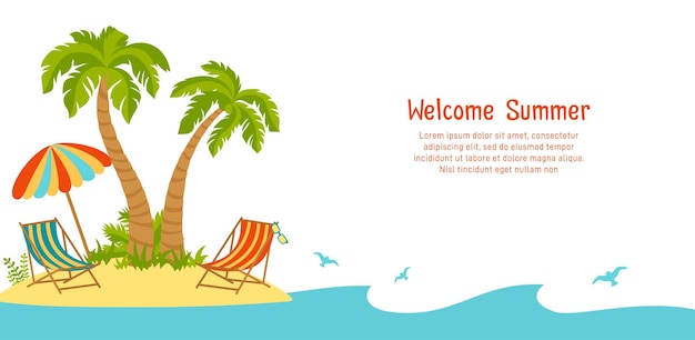 Welkom zomer banner strand eiland achtergrond tropische palm zee zand oceaan landschap sjabloon kaart