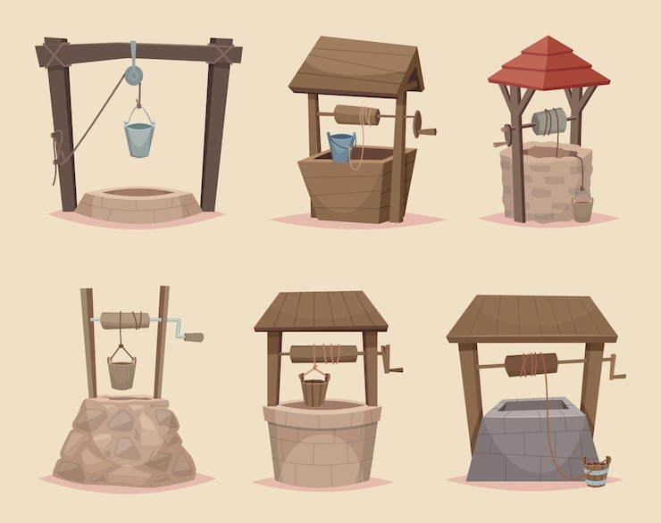 Vector well cartoon. different wellness from wooden and stone materials village architectural objects vector collection. well fresh, traditional countryside water source illustration