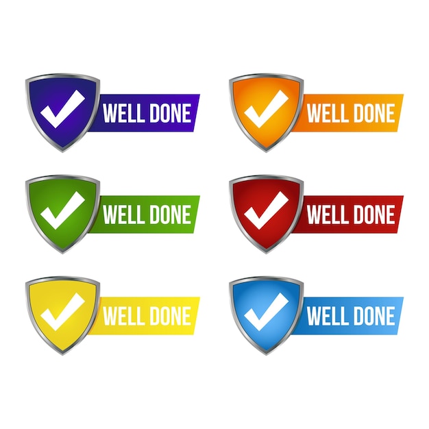 Well done badge vector template well done text with banner design set