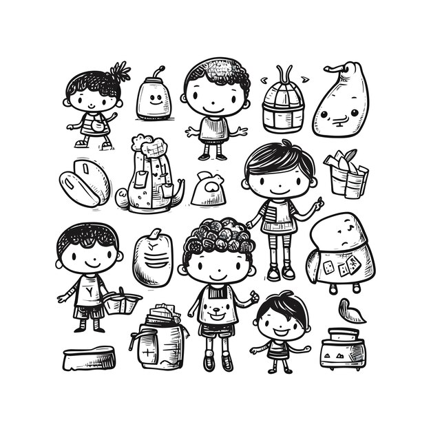 Vector well hand drawing cute kids set doodle style illustration