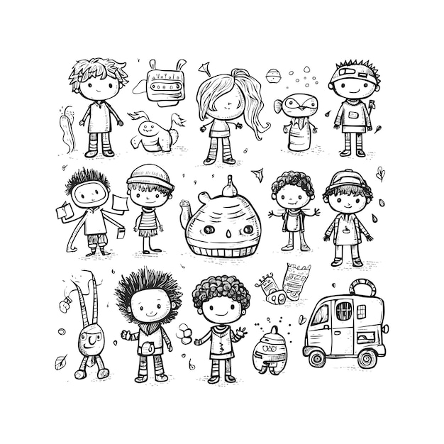 Vector well hand drawing cute kids set doodle style illustration