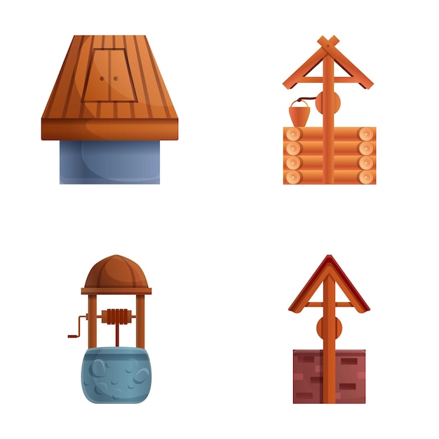 Well icons set cartoon vector Wooden and stone well with roof and bucket Rustic drinking water wellspring