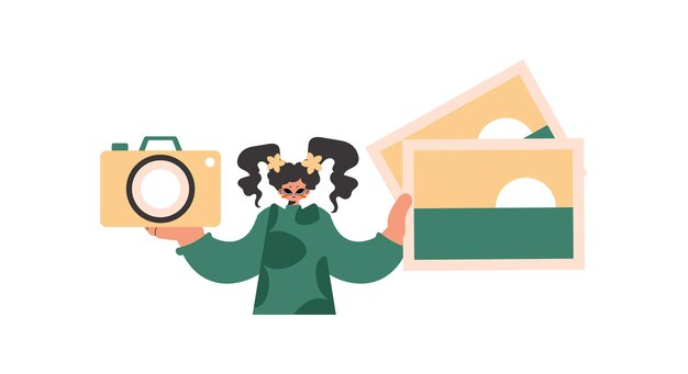 the well off woman holds a camera and photos in his hands pulled back on white establishment trendy style vector illustration