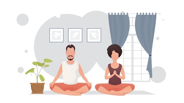 Vector a wellbuilt guy and a young girl are meditating in a room yoga cartoon style