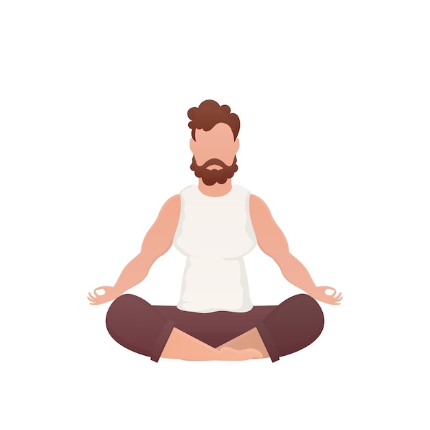 A wellbuilt man sits in the lotus position Isolated Cartoon style