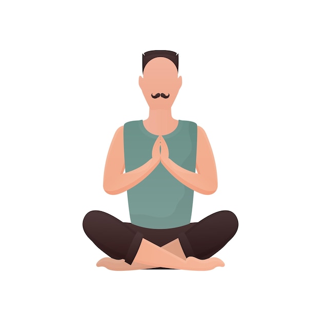 a wellbuilt man sits and meditates isolated cartoon style