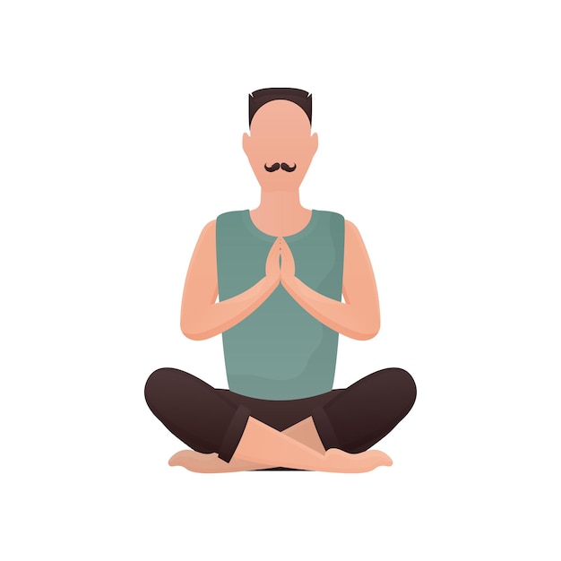 A wellbuilt man sits and meditates Isolated Cartoon style