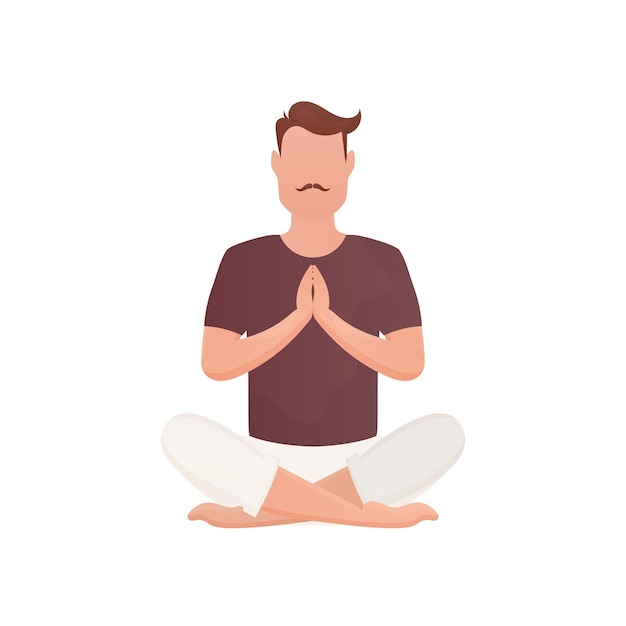 a wellbuilt man sits and meditates isolated cartoon style