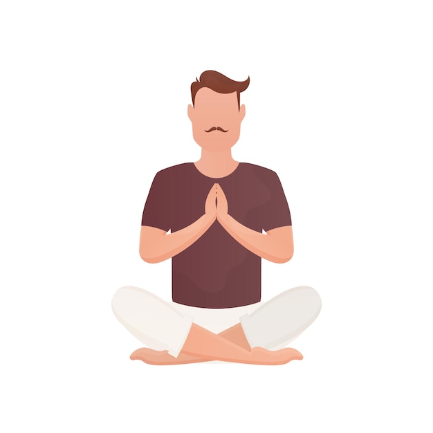 Vector a wellbuilt man sits and meditates isolated cartoon style