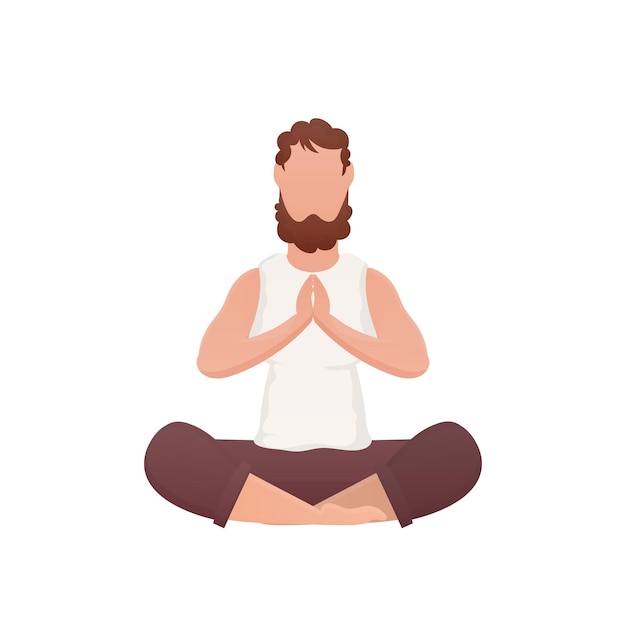 a wellbuilt man sits and meditates in the lotus position isolated cartoon style