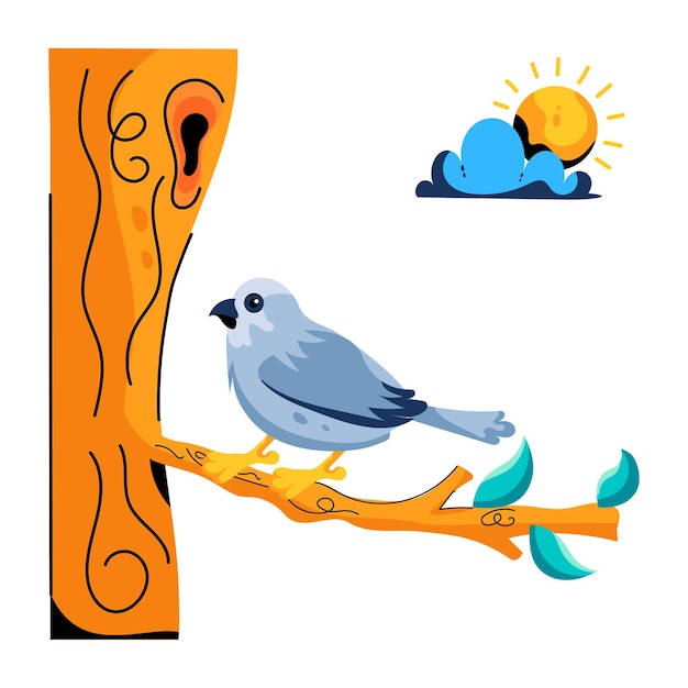 Welldesigned flat icon of bird sitting on a tree branch