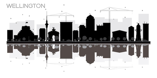 Wellington city skyline black and white silhouette with reflections. vector illustration. simple flat concept for tourism presentation, banner, placard or web site. cityscape with landmarks.