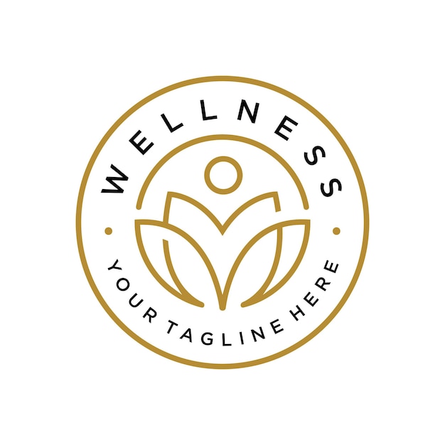 Vector wellness-logo met lotus en mensen badge pictogram ontwerpsjabloon