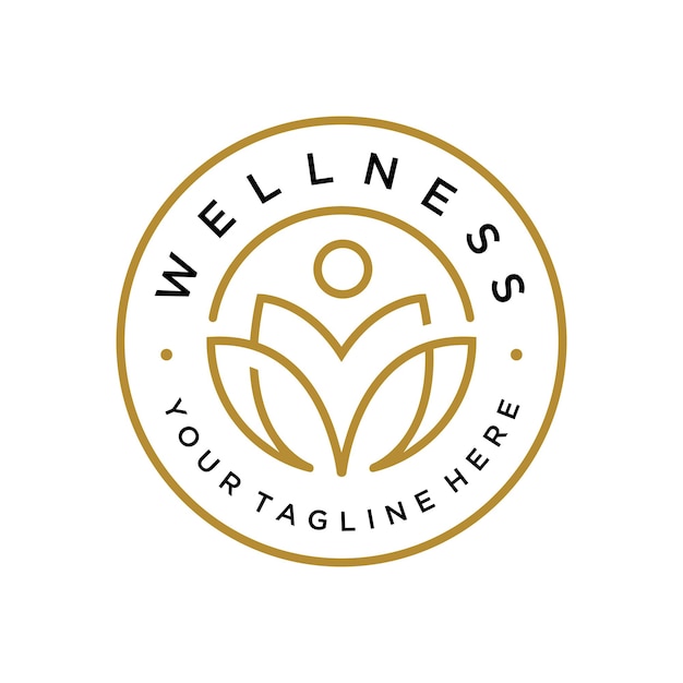 Wellness logo with lotus and people badge icon design template