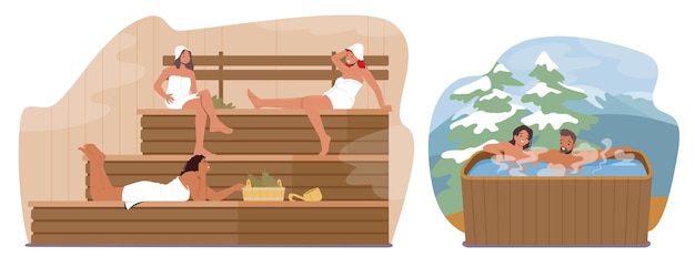 Vector wellness, sauna and spa hygiene, relax, healthcare water procedures. relaxation, body care therapy, couple in wooden bath, people sit on bench in steam room with broom. cartoon vector illustration