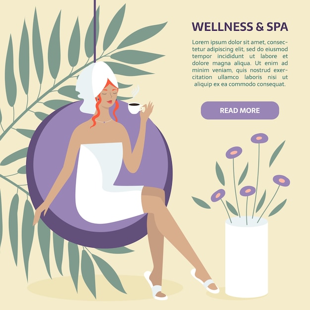 wellness and spa banner template. Woman sitting with tea or coffee.