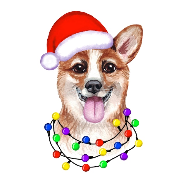 サンタさんの帽子にクリスマス ライトをあしらったウェルシュ コーギー犬。かわいいクリスマスの子犬のイラスト。