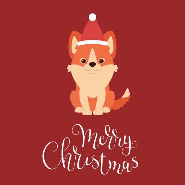 Vector welsh corgi puppy sitting in a christmas hat.