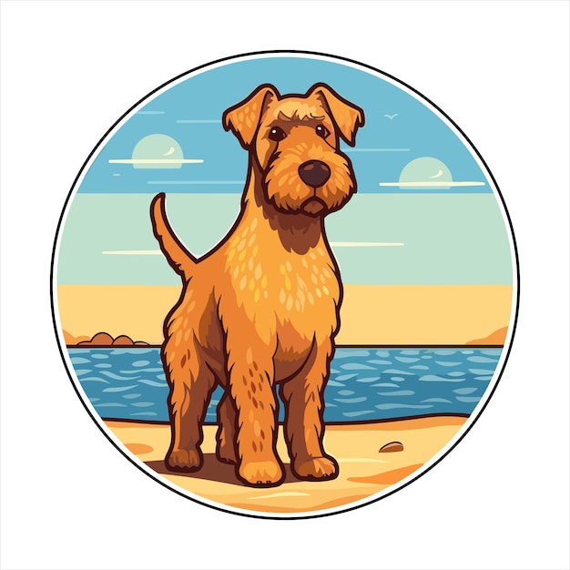 벡터 웨일스 테리어 개 품종 귀여운 만화 카와이 캐릭터 해변 여름 동물 애완동물 스티커 일러스트레이션
