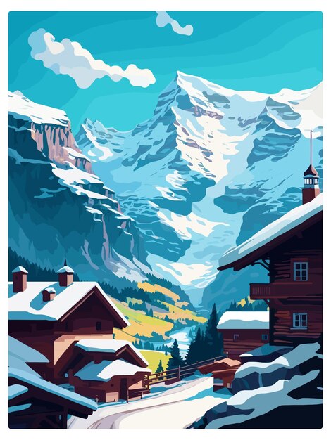 Вектор Венген, швейцария, винтажный туристический плакат, сувенирная открытка, портретная живопись, иллюстрация wpa