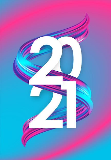 Vector wenskaart 2021 met neonkleurige gedraaide acrylverfstreekvorm. trendy ontwerp. gelukkig nieuwjaar