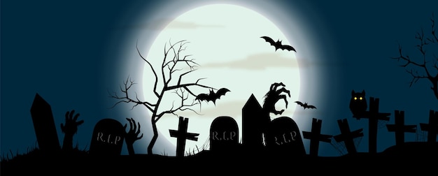 Wenskaart en poster Zwart silhouet van kerkhoven en duivels handen in Halloween dag horror nachtscène. Allemaal in banner vectorontwerp.