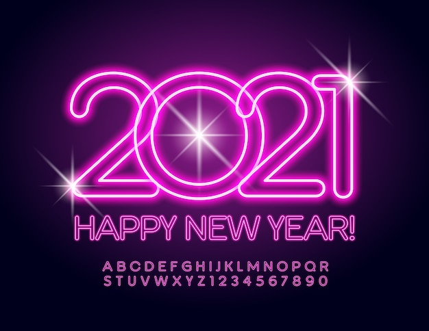 wenskaart Gelukkig nieuwjaar 2021! Roze elektrisch lettertype. Neon Alfabetletters en cijfers