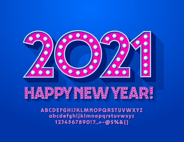 Wenskaart gelukkig nieuwjaar 2021! trendy lamp lettertype. roze retro alfabetletters en cijfers