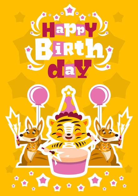 Wenskaart gelukkige verjaardag Ontworpen voor het afdrukken van uitnodigingen wensen Leeuw drummen kangoeroe en haar baby Squib ballon explosie vuurwerk sterren gele achtergrond vectorillustratie