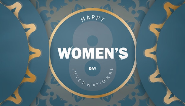 Wenskaart internationale vrouwendag in blauw met vintage gouden patroon