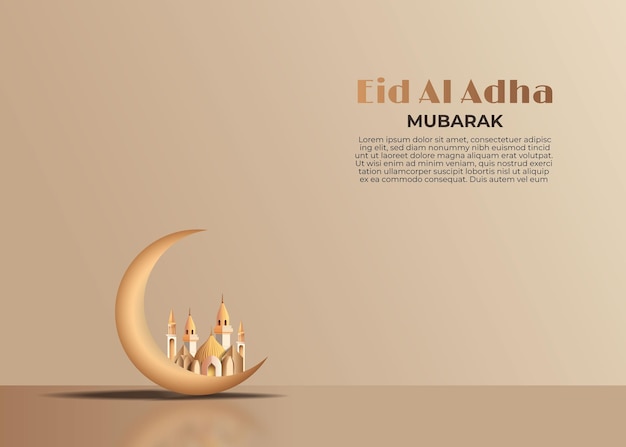 Vector wenskaart islamitische eid al adha moskee en halve maan 3d-stijl vector illustratie