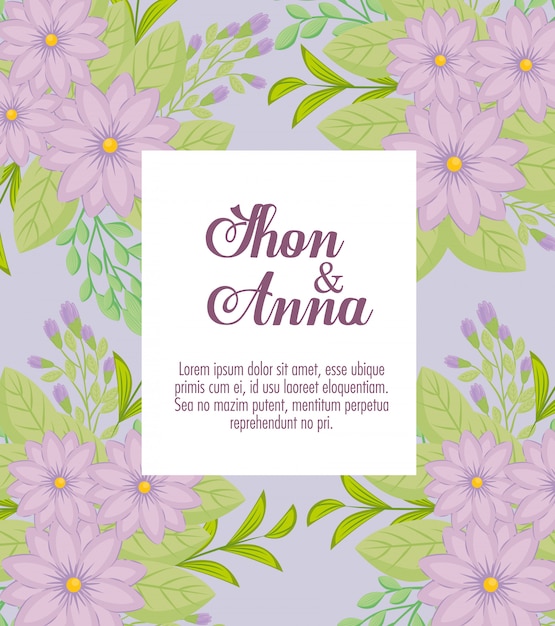 Wenskaart met bloemen paarse kleur, bruiloft uitnodiging met bloemen paarse kleur met takken en bladeren decoratie