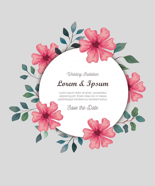 Wenskaart met bloemen roze kleur, bruiloft uitnodiging met bloemen roze kleur met takken en bladeren decoratie