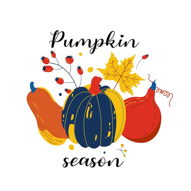 Wenskaart met Hallo herfsttekst en pompoenenHerfstoogst Handgeschilderde heldere pompoenen