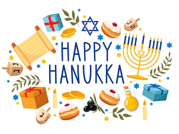 Wenskaart met happy hanukkah-letters en vakantiesymbolen menorah sufganiyah cadeau gelt dreidel