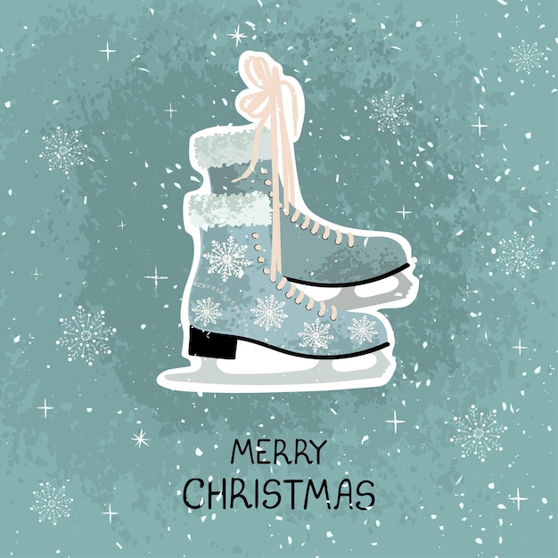 Wenskaart met kleurrijke hand tekenen illustratie van schaatsen voor kunstschaatsen merry christmas