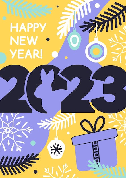 Wenskaart met opschrift Happy New Year 2023 Vector moderne kleurrijke illustratie met konijn