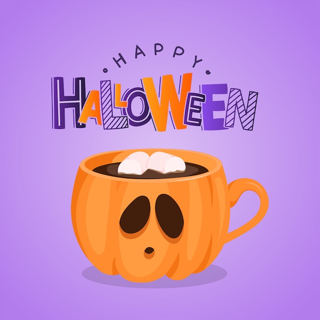 Wenskaart met pompoen koffiekopje en belettering. fijne halloween. illustratie