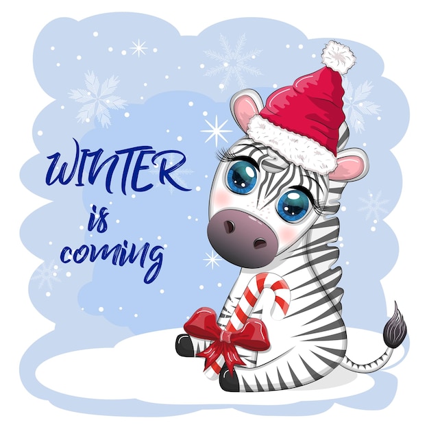 Wenskaart met schattige zebra in kerstmuts met kerstbal snoep kane cadeau Wildlife vakantie stripfiguur